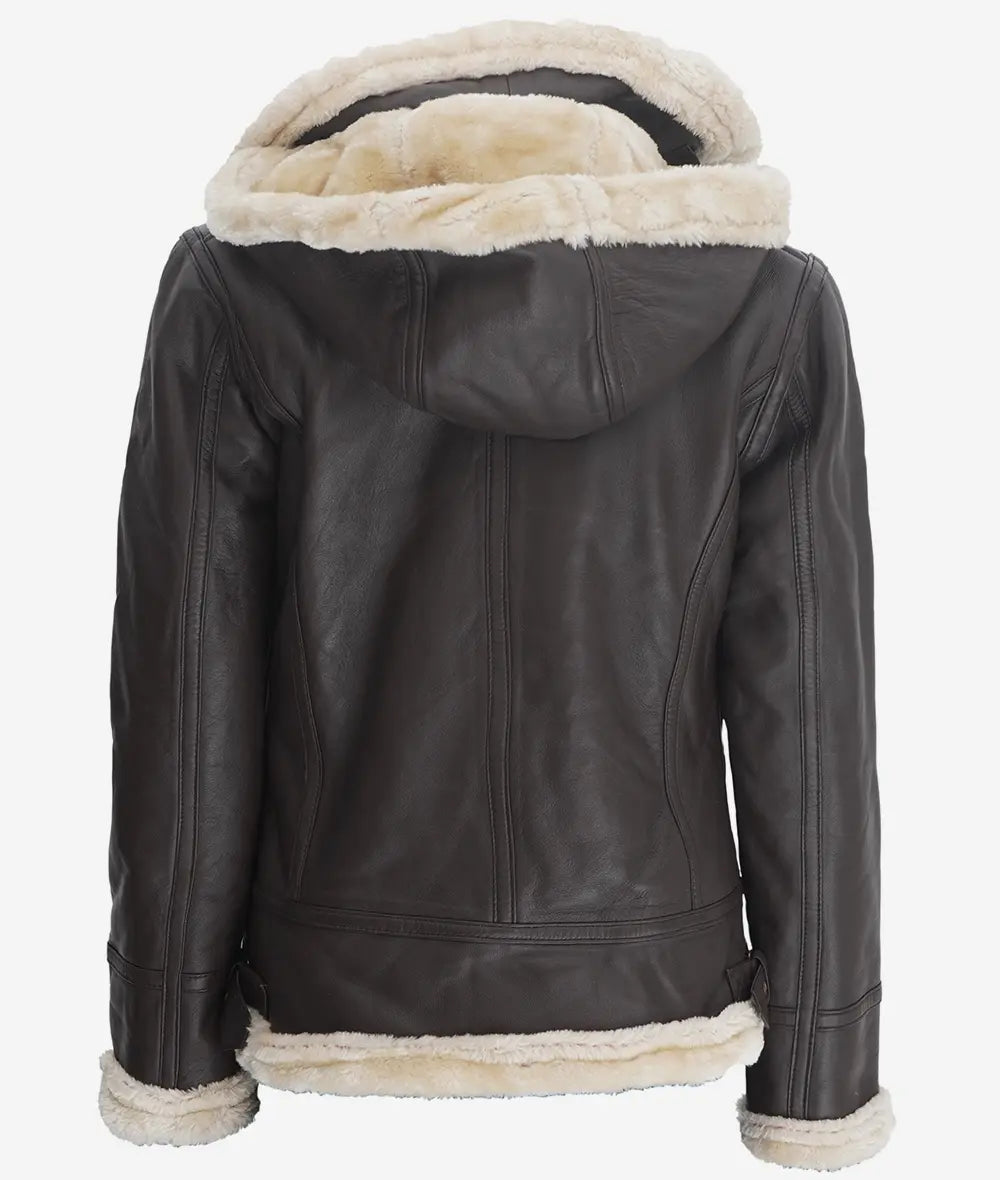 Womens Dark Brown Hooded Shearling Leather Jacket LSW-0069